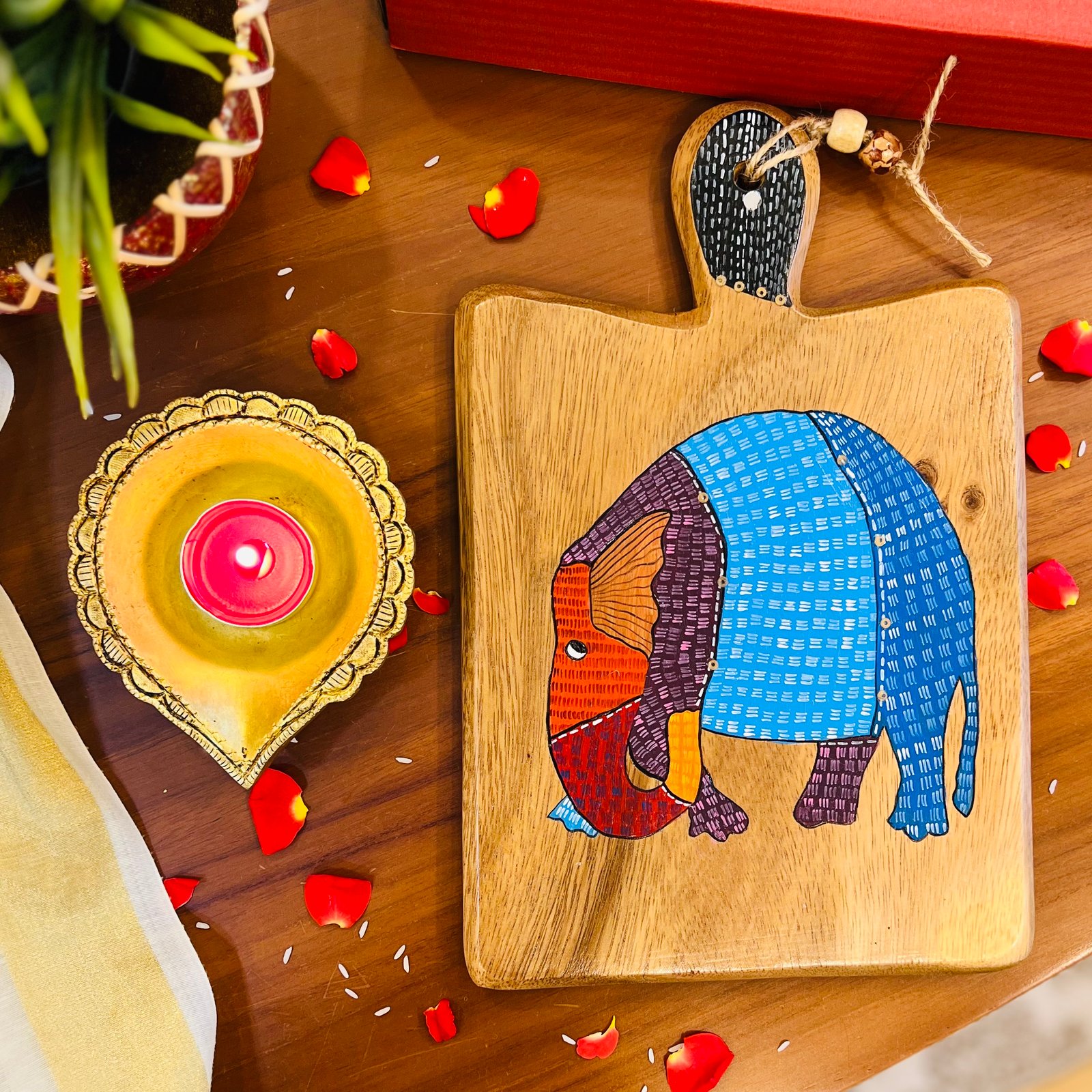 Hand-painted Board & Brass Diya Gift Set (D2) - Image 3