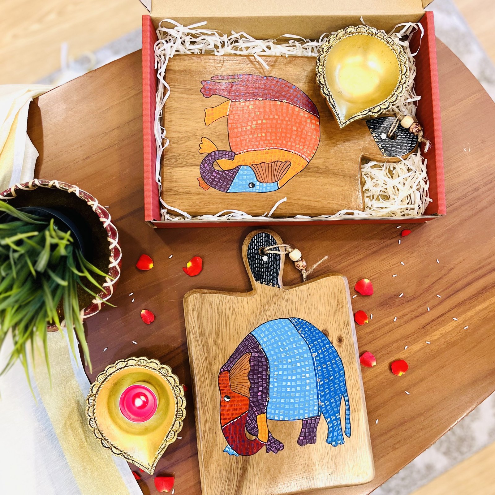 Hand-painted Board & Brass Diya Gift Set (D2) - Image 2
