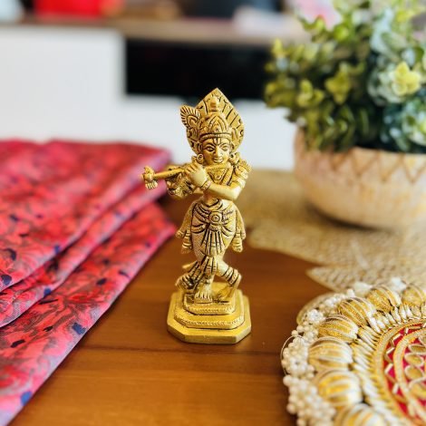 Brass Krishna Idol & Wooden Chowki/Manai Gift Set (Blue) - Image 6