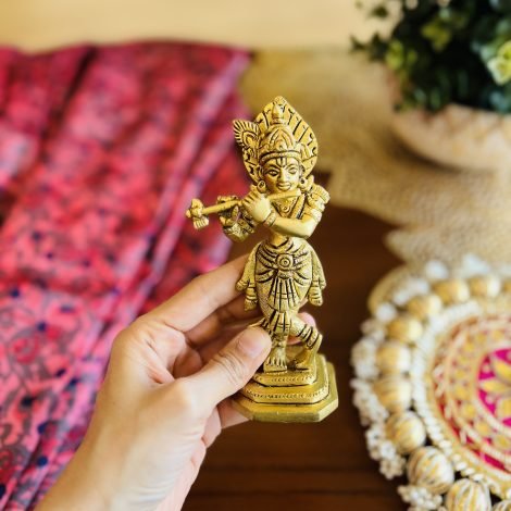 Brass Krishna Idol & Wooden Chowki/Manai Gift Set (Blue) - Image 7