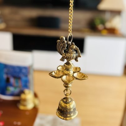 Brass Hanging Peacock with 5 Diyas & Bell