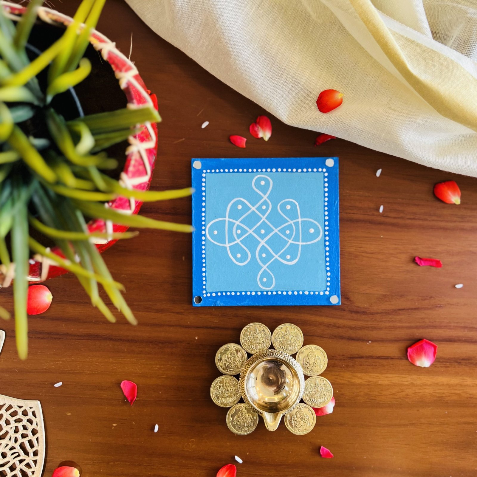 Pooja Coaster & Diya Gift Set (Blue)