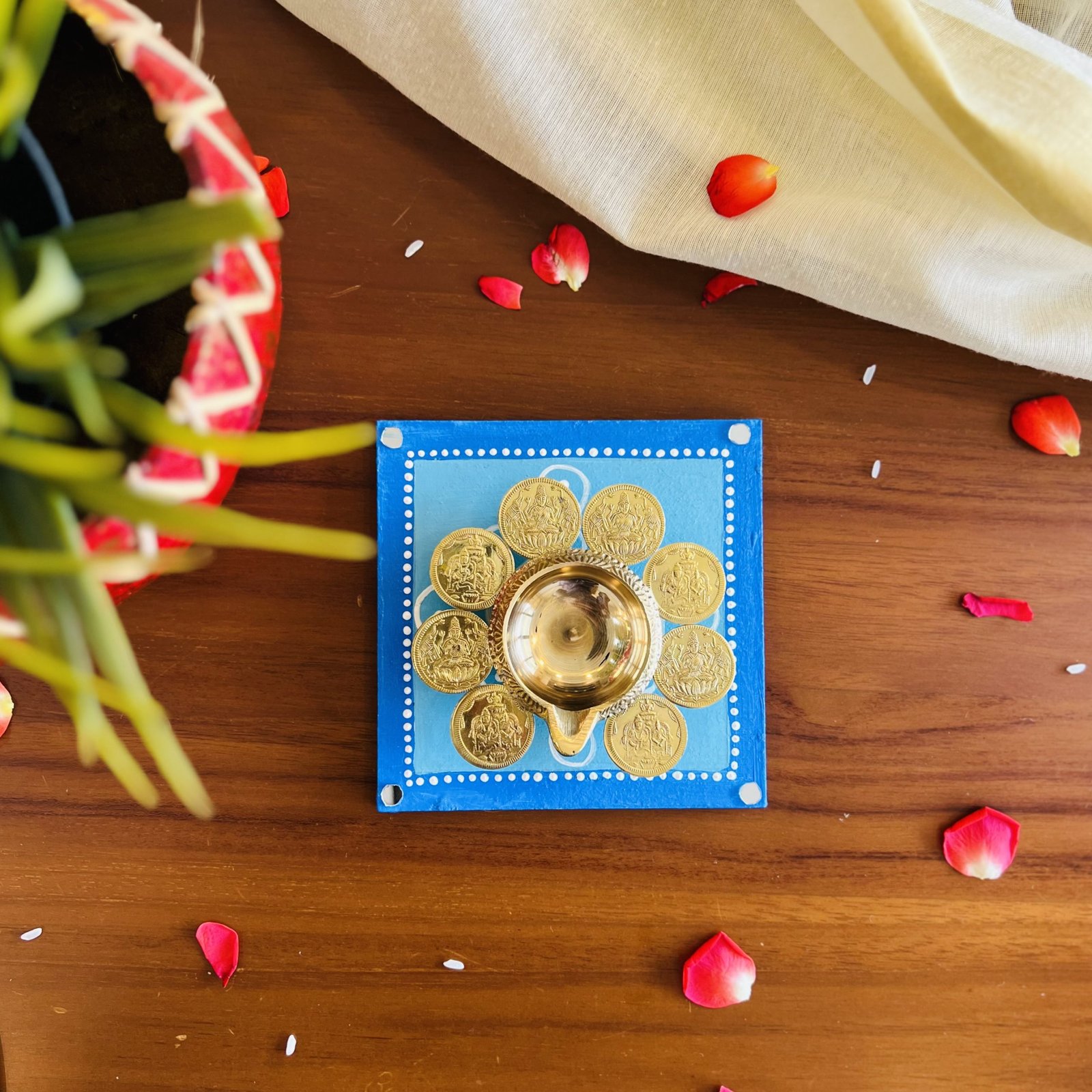 Pooja Coaster & Diya Gift Set (Blue) - Image 2