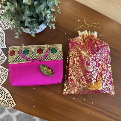 Purse & Haldi Kumkum Gift Set (Pink Woven)