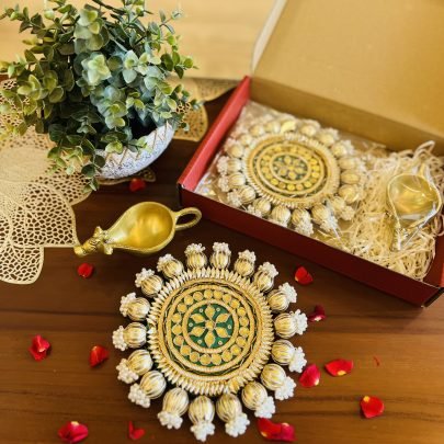 Brass Diya (Nandi) & Festive Mat Gift Set