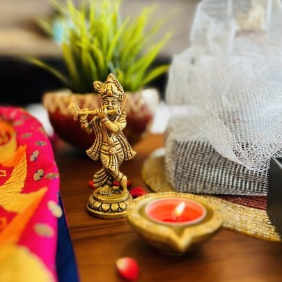 Brass Krishna Idol & Diya Gift Set