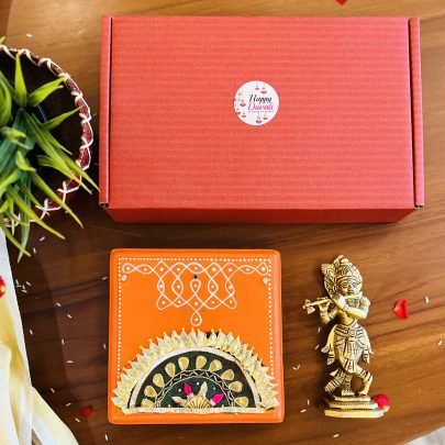 Brass Krishna Idol & Wooden Chowki/Manai Gift Set