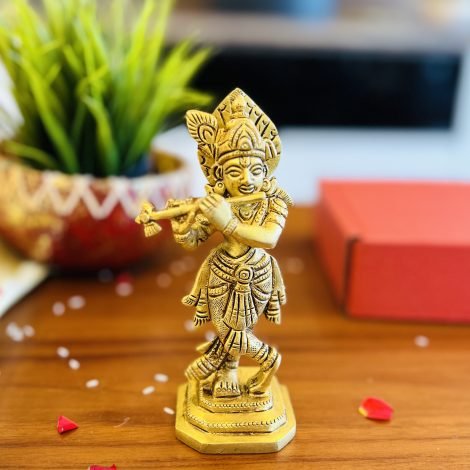 Brass Krishna Idol & Wooden Chowki/Manai Gift Set (Blue) - Image 5