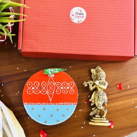 Brass Krishna Idol & Wooden Chowki/Manai Gift Set (Blue)