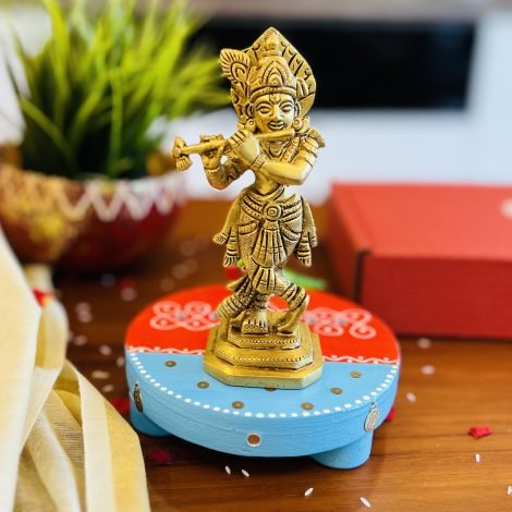 Brass Krishna Idol & Wooden Chowki/Manai Gift Set (Blue) - Image 3