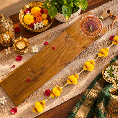 Teak Wood Platter (Long, orange mandala Design)