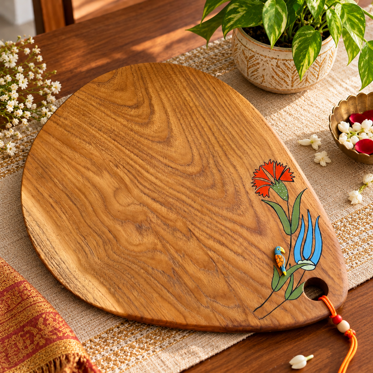Teak Wood Platter (Oval, Flower and Parrot Design)