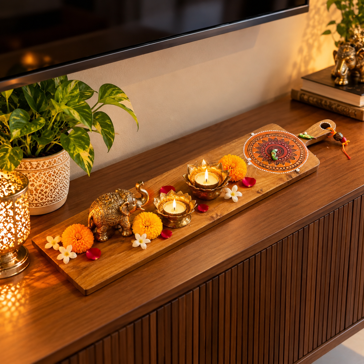 Teak Wood Platter (Long, orange mandala Design) - Image 3