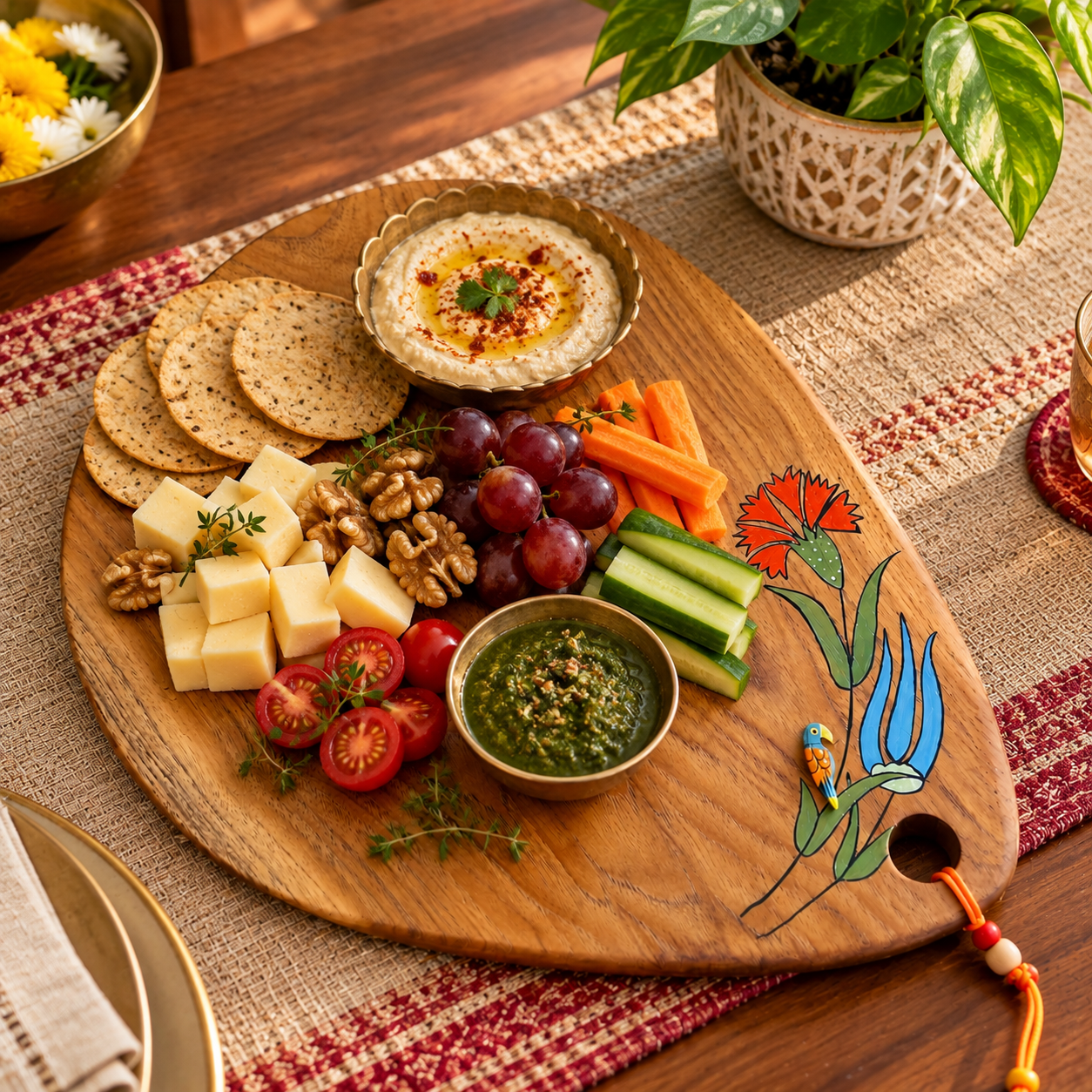 Teak Wood Platter (Oval, Flower and Parrot Design) - Image 2