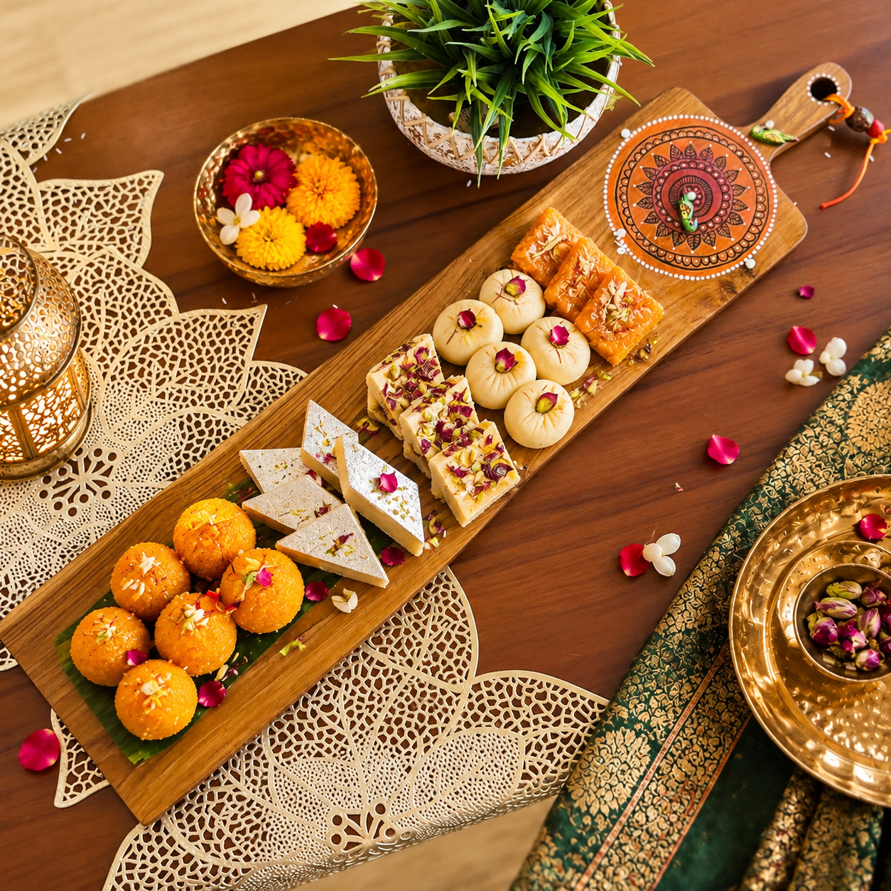 Teak Wood Platter (Long, orange mandala Design) - Image 2