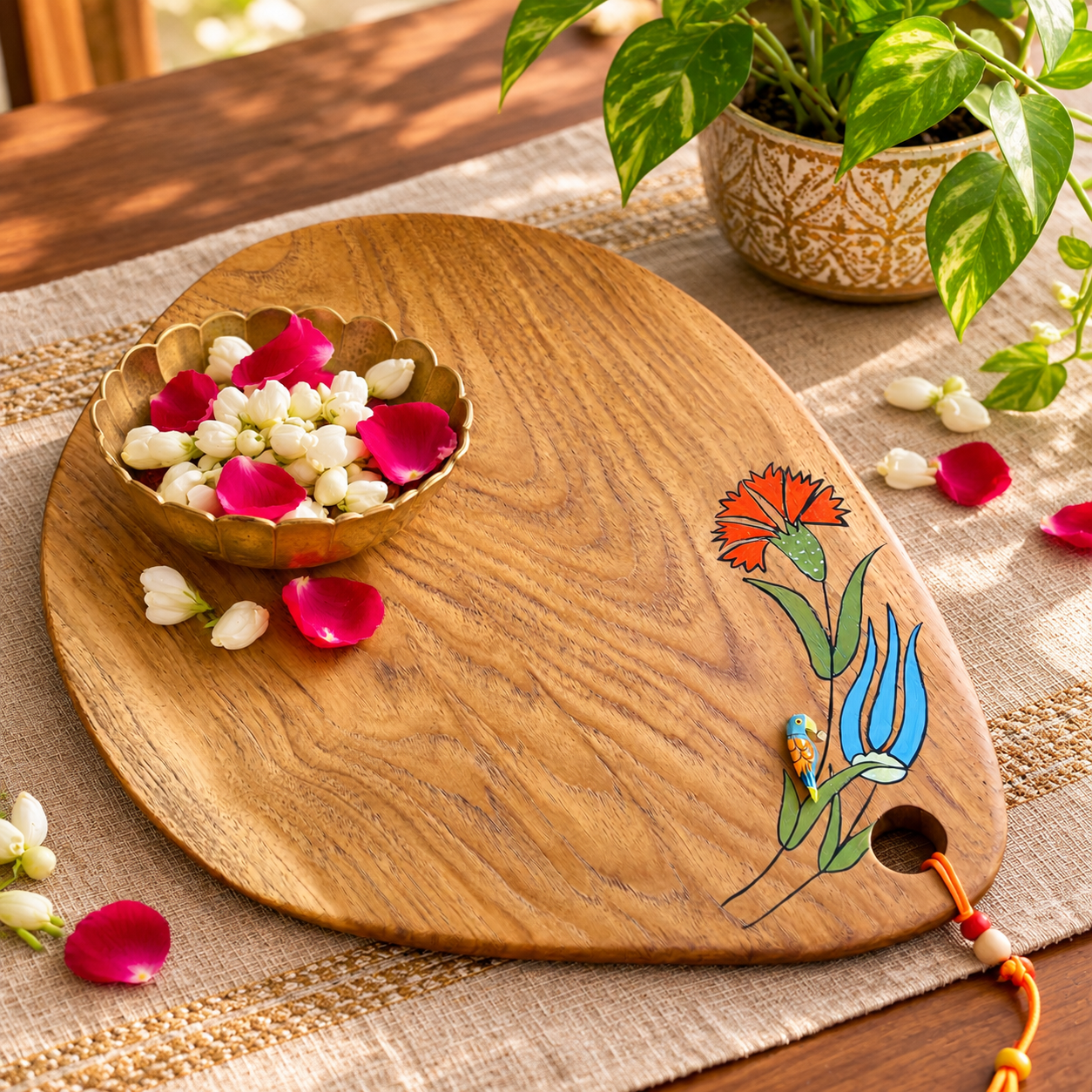 Teak Wood Platter (Oval, Flower and Parrot Design) - Image 3