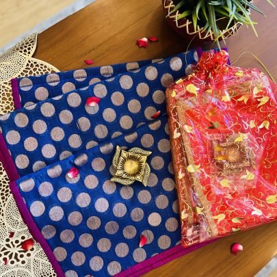 Silk Table Runner & Brass Diya Gift Set (Dots)