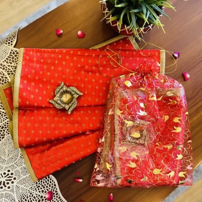 Silk Table Runner & Brass Diya Gift Set (S2)