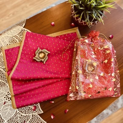 Silk Table Runner & Brass Diya Gift Set (S1)