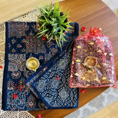 Ajrakh Reversible Table Runner & Brass Diya Gift Set (Blue)
