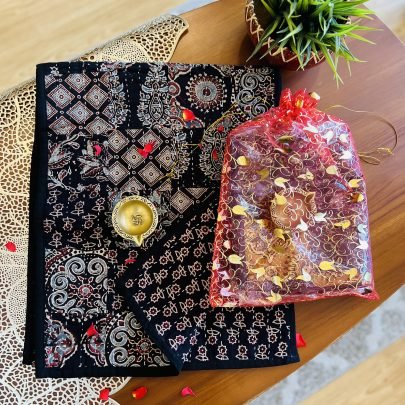 Ajrakh Reversible Table Runner & Brass Diya Gift Set (Black)