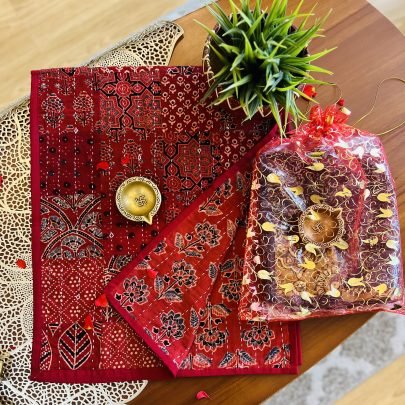 Ajrakh Reversible Table Runner & Brass Diya Gift Set (Red)