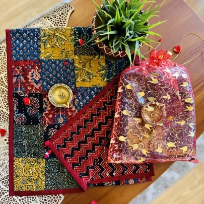Ajrakh Reversible Table Runner & Brass Diya Set (Multicolor, D3)