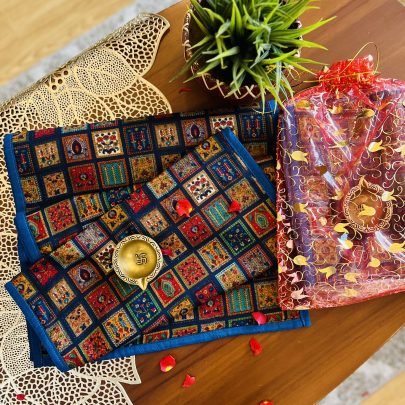 Printed Silk Table Runner & Brass Diya Gift Set (B1)
