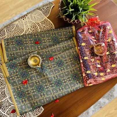Printed Silk Table Runner & Brass Diya Gift St (B3)