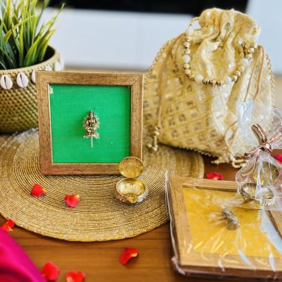 Brass Idol Frame & Diya Gift Set (Lakshmi Green D)