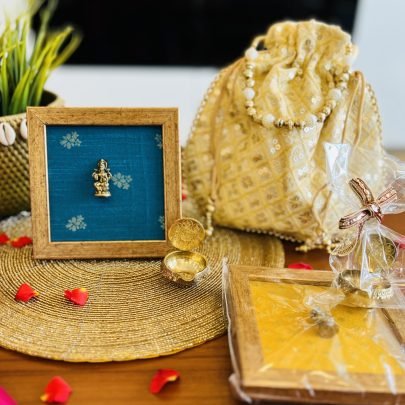 Brass Idol Frame & Diya Gift Set (Lakshmi Blue)