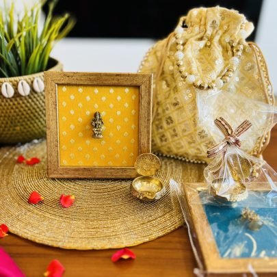 Brass Idol Frame & Diya Gift Set (Lakshmi Yellow)