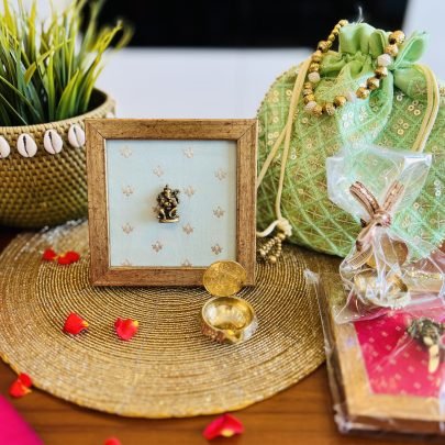 Brass Idol Frame & Diya Gift Set (Ganesha Light Blue)