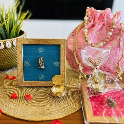 Brass Idol Frame & Diya Gift Set (Sai Baba Blue)