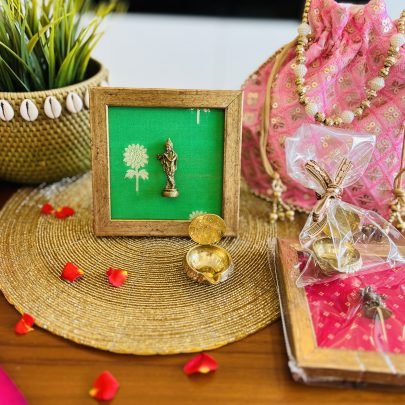 Brass Idol Frame & Diya Gift Set (Krishna - Green)