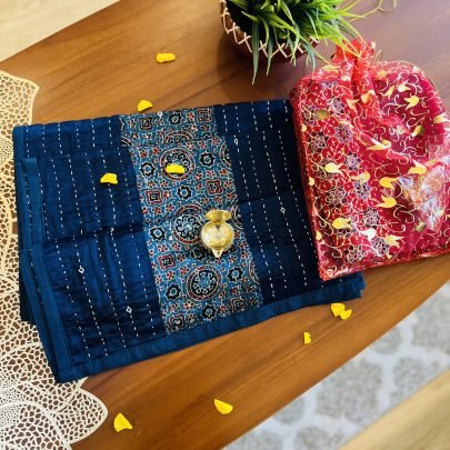 Mashru Silk Table Runner & Diya Gift Set (Blue D7)