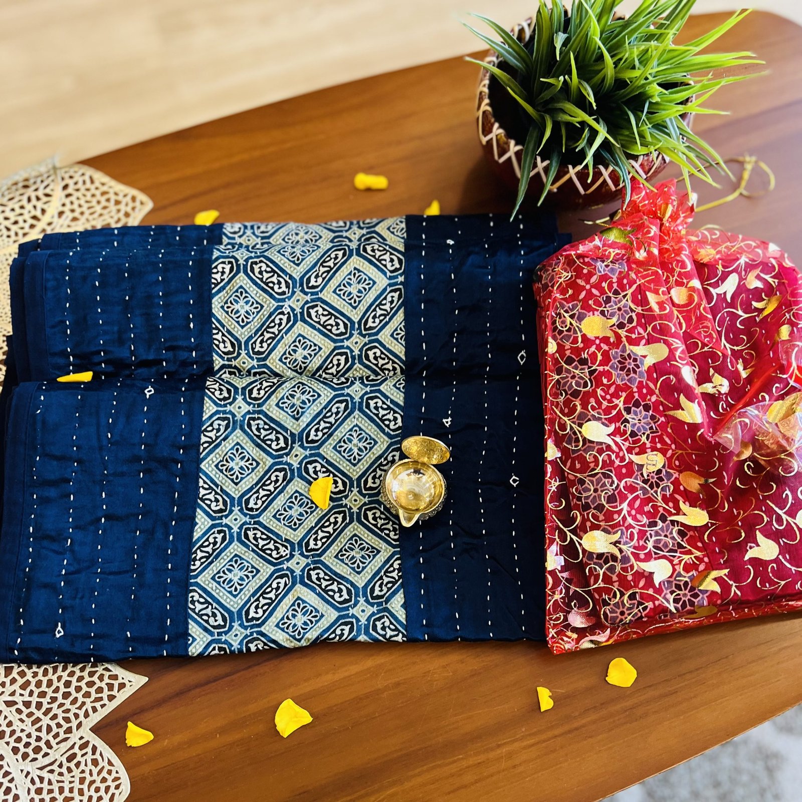 Mashru Silk Table Runner & Diya Gift Set (Blue D4)