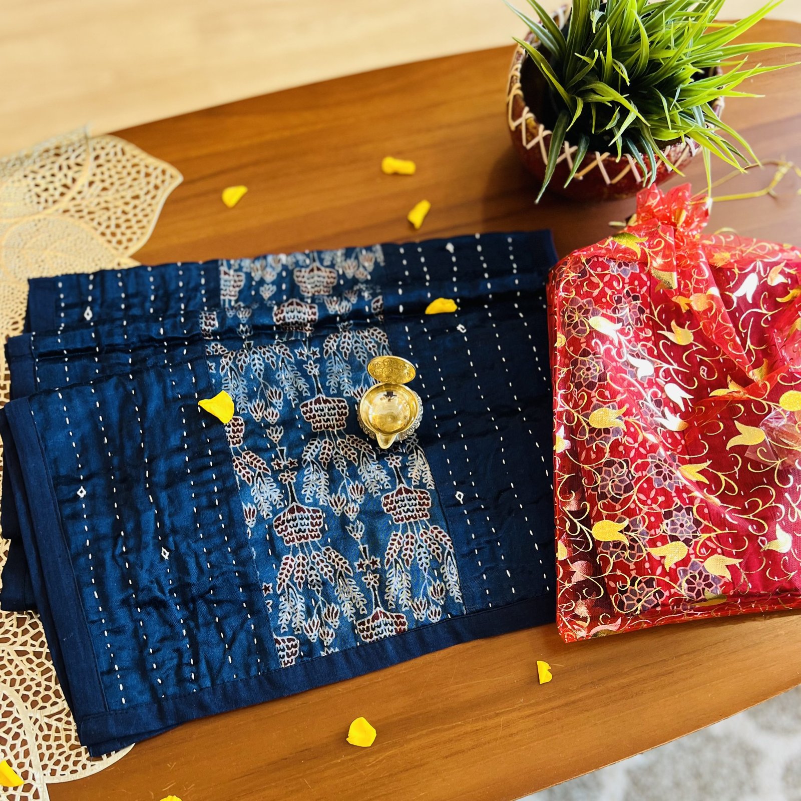 Mashru Silk Table Runner & Diya Gift Set (Blue D2)