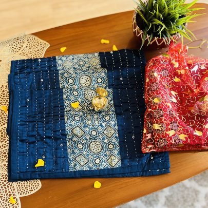 Mashru Silk Table Runner & Diya Gift Set (Blue D3)