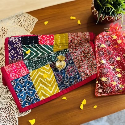 Mashru Silk Table Runner& Diya Gift Set (Multicolor D5)