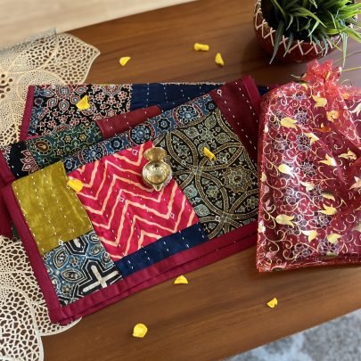 Mashru Silk Table Runner & Diya Gift Set(Multicolor D3)