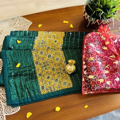 Mashru Silk Table Runner & Diya Gift Set (Green D1)