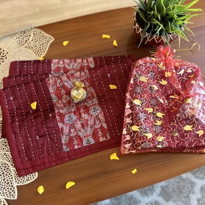 Mashru Silk Table Runner& Diya Gift Set (Red D2)