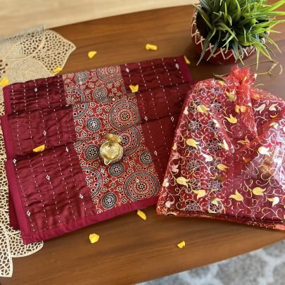 Mashru Silk Table Runner & Diya Gift Set (Red D3)
