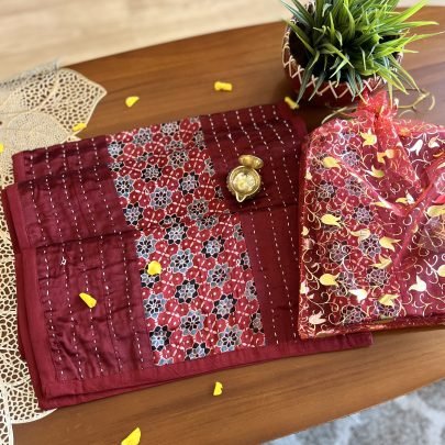 Mashru Silk Table Runner & Diya Gift Set (Red D4)