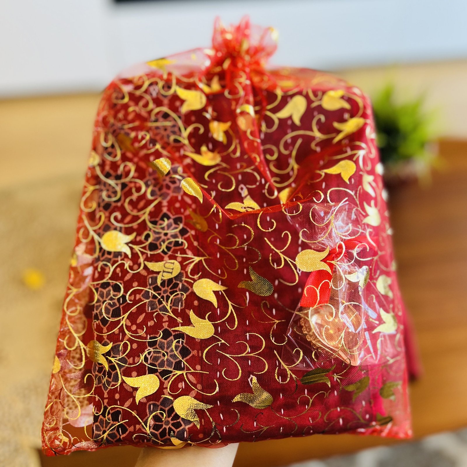 Mashru Silk Table Runner & Diya Gift Set (Blue D4) - Image 5