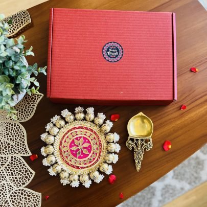 Brass Diya Arti Spoon & Festive Mat Gift Set (Pink)