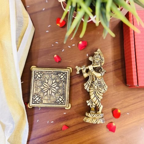 Brass Krishna Idol & Brass Chowki / Manai Gift Set - Image 2