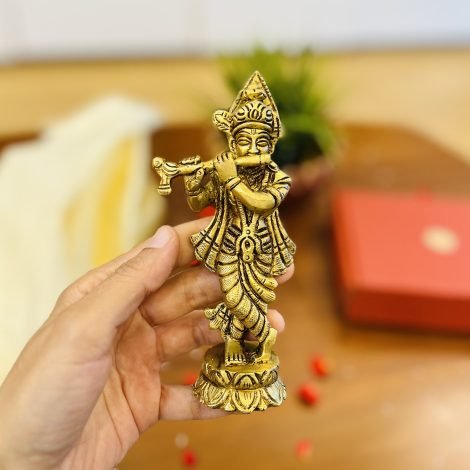 Brass Krishna Idol & Brass Chowki / Manai Gift Set - Image 7