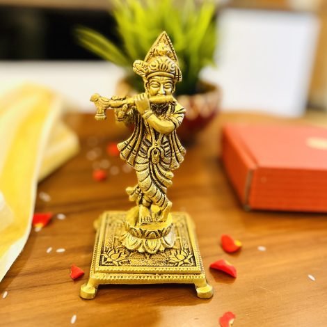 Brass Krishna Idol & Brass Chowki / Manai Gift Set - Image 8